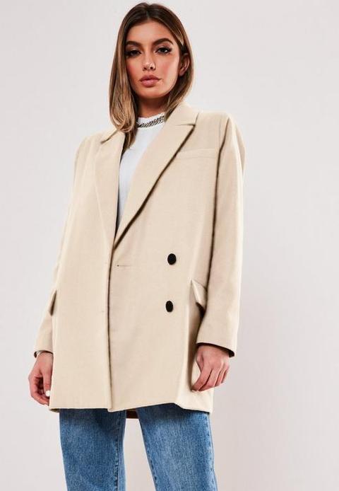 Cream Oversized Boyfriend Mock Wool Blazer Coat, White