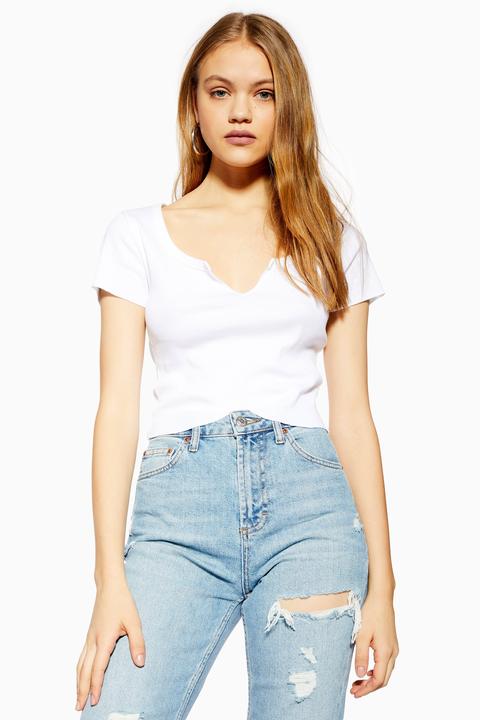 Womens Notch Short Sleeve T-shirt - White, White