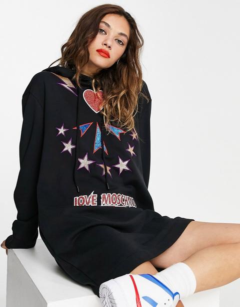 Love Moschino Super Logo Hooded Dress In Black