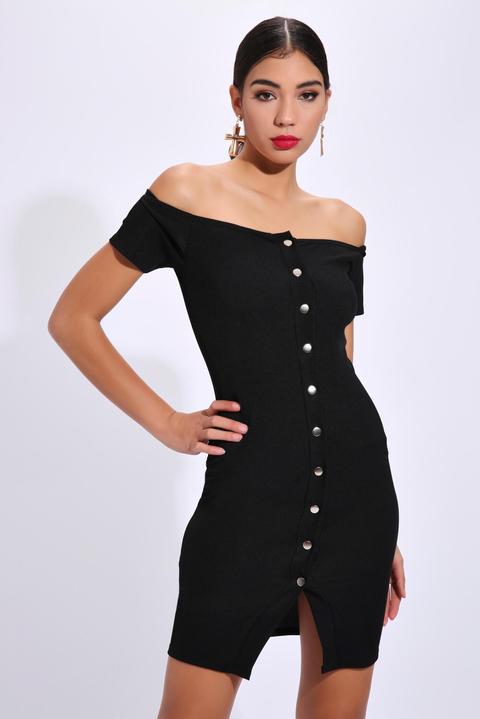 Black Bardot Rib Button Mini Dress