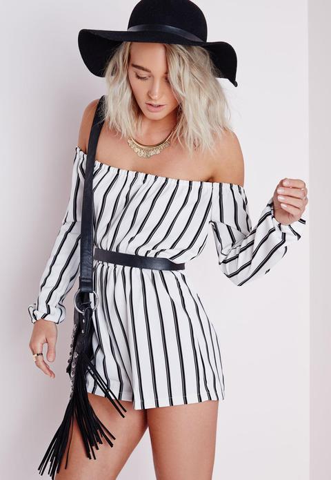 Petite Striped Bardot Playsuit White