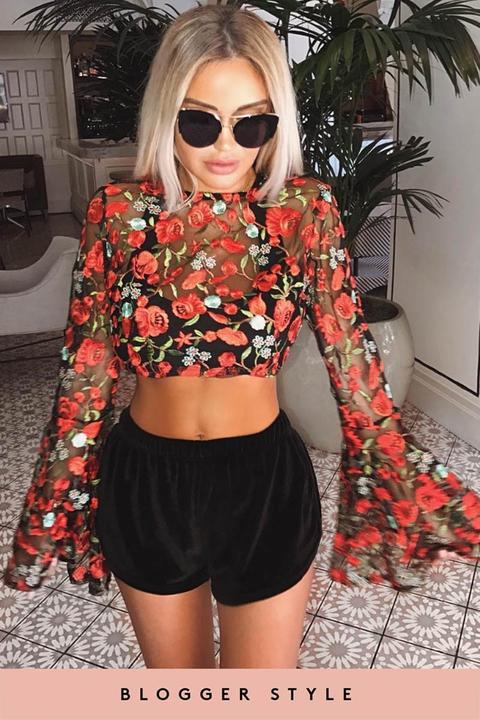 Frankie Black Mesh Floral Embroidered Crop Top