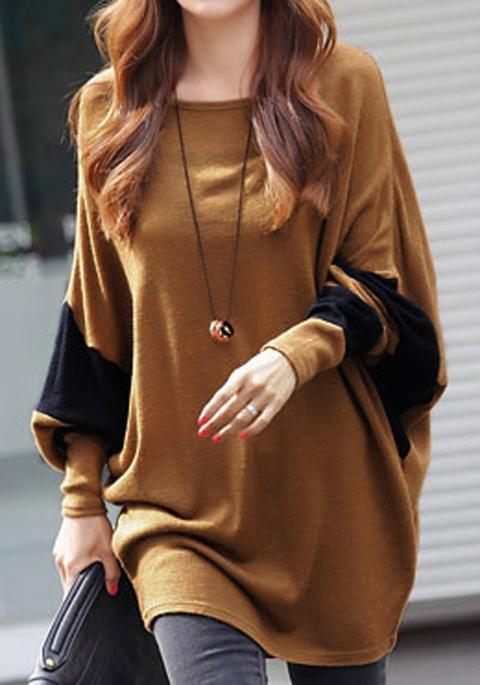 T-shirt Manica Dolman Modo Allentato Marrone