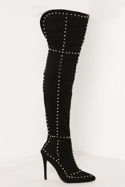 Black Faux Suede Studded Gold Thigh High Boots