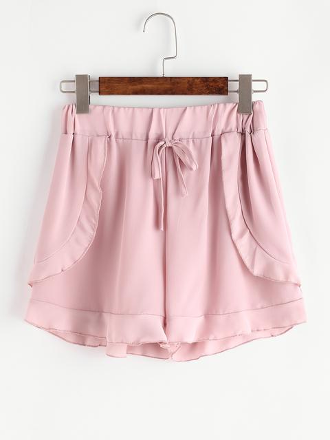Pink Drawstring Ruffle Trim Chiffon Shorts