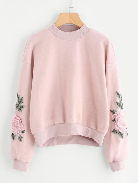 Rose Embroidered Applique Sleeve Sweatshirt