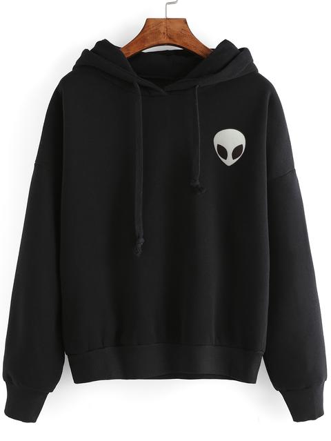 Black Alien Print Hooded Sweatshirt