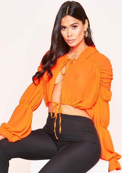 Matilda Neon Orange Tie Sheer Ruched Blouse