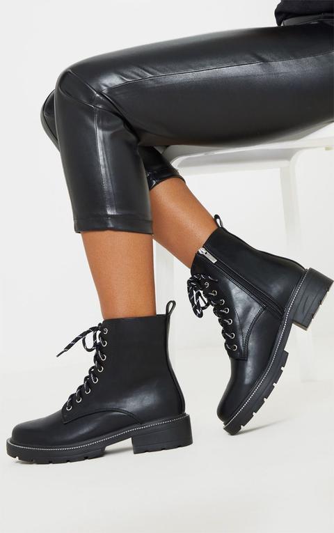 black lace up cleated ankle boot