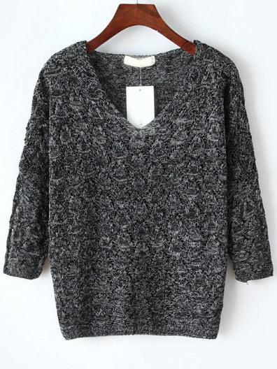 V Neck Hollow Dark Grey Sweater