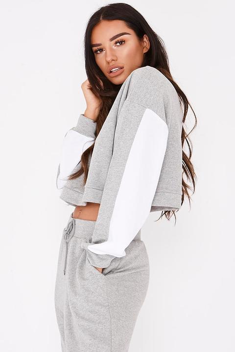 Grey Sweatshirts - Sarah Ashcroft Grey Contrast Panel Cropped Sweatshirt