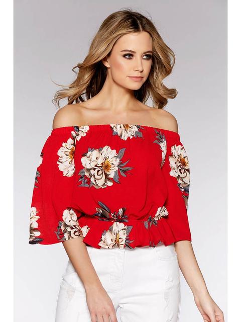 Red And Beige Crepe Bardot Print Top