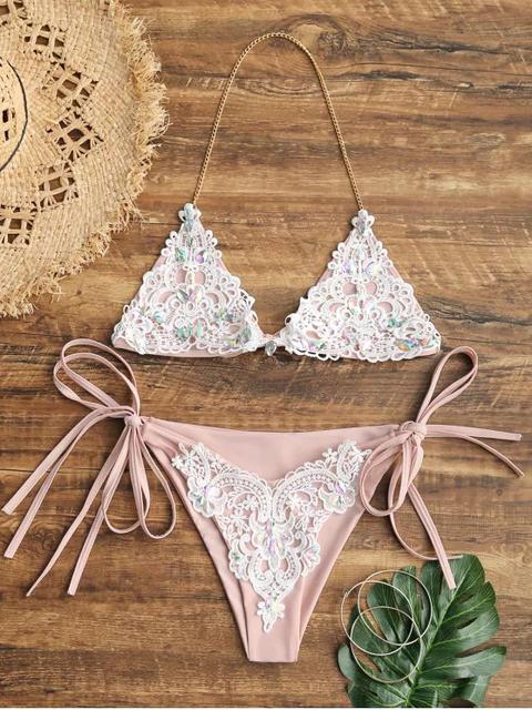 Bralette Crochet Panel Rhinestone String Bikini Pinkbeige