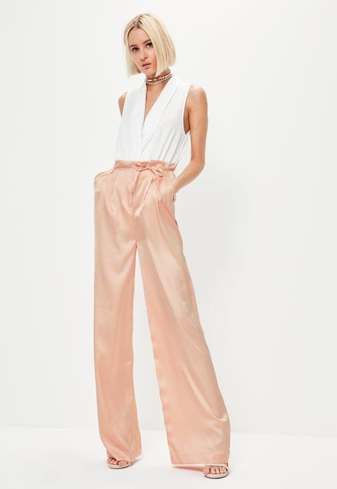 Pink Paperbag Waist Wide Leg Trousers