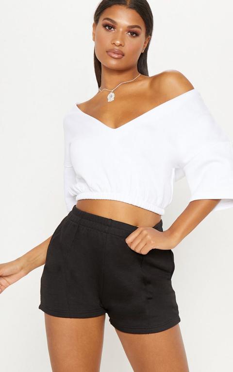 White Crop Off Shoulder Short Sleeve Sweater