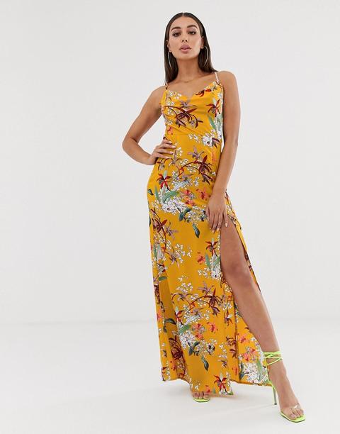 Prettylittlething Cowl Neck Maxi Dress With Thigh Split In Yellow Floral