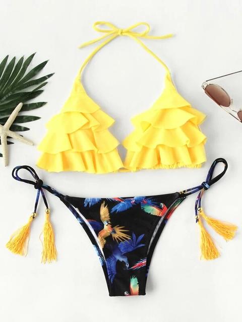 Conjunto De Bikini Con Estampado De Pájaro De Volante Con Cordones Con Borla