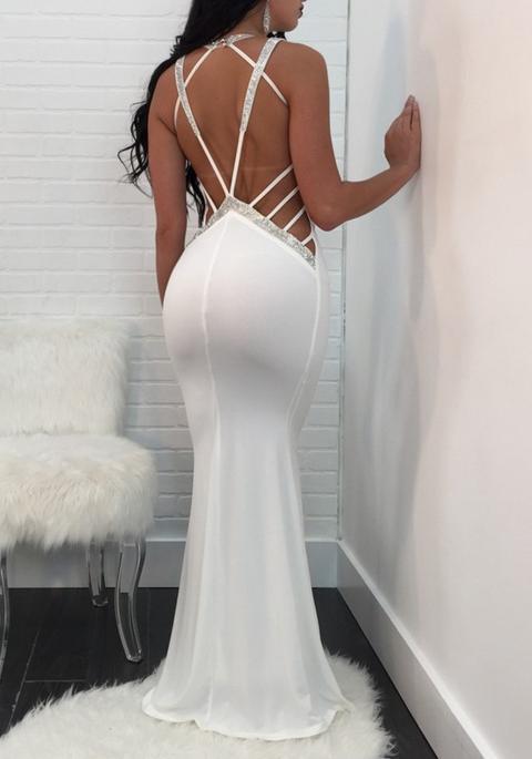 Maxi Vestito Croce Indietro Paillettes Senza Schienale Profondo V-collo Sirena Elegante Banchetto Partito Bianco