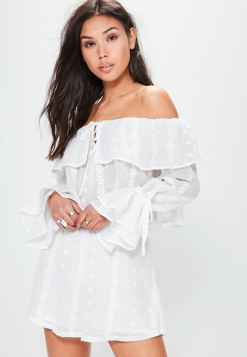 Petite White Bardot Embroidered Top