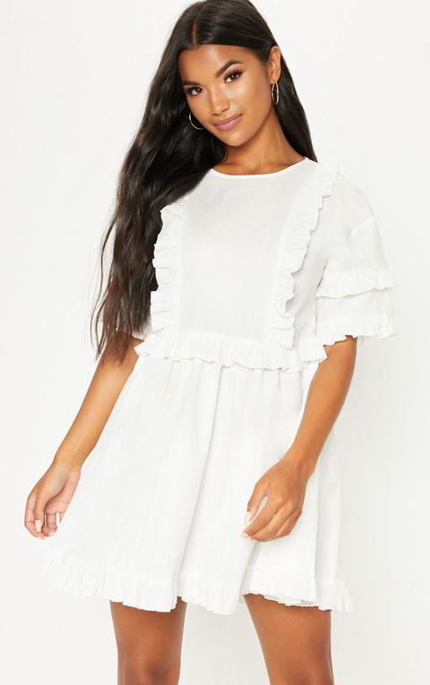 White Woven Frill Split Back Tea Dress