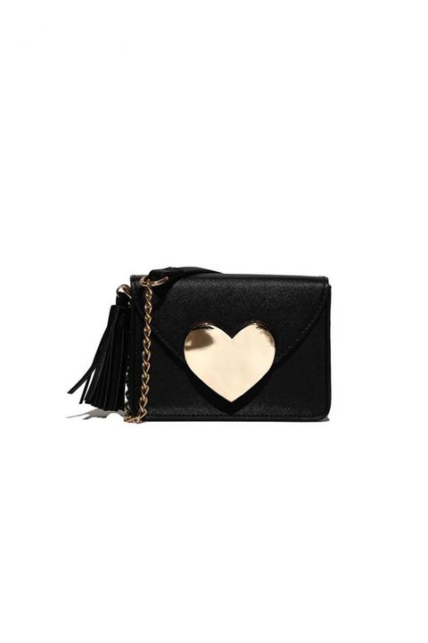 Borsa In Similpelle Nera E Placca Cuore Dorata