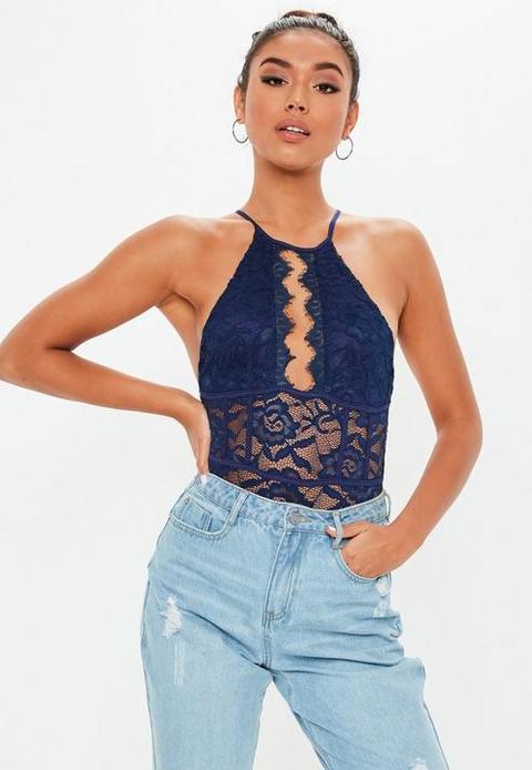 Blue Scallop Back Lace Detail Bodysuit, Navy