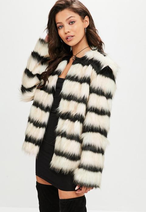 Cream Striped Faux Fur Coat, Monochrome