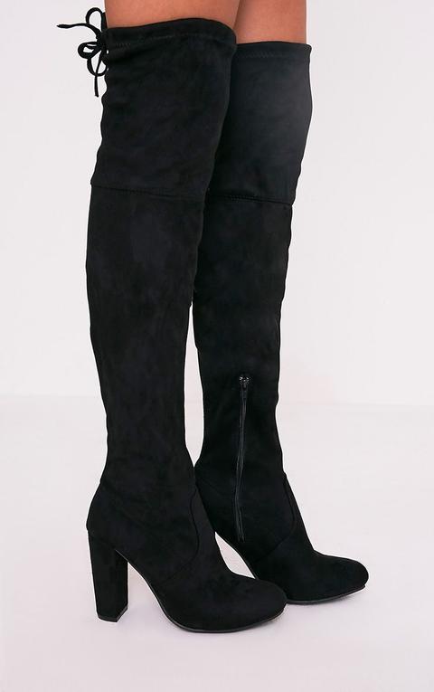 bess black faux suede heel thigh boots