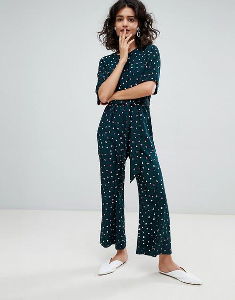 Monki Polka Dot Wide Leg Jumpsuit In Green