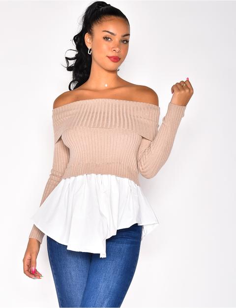 Pull Bardot Empiecement Chemise / 31281 -