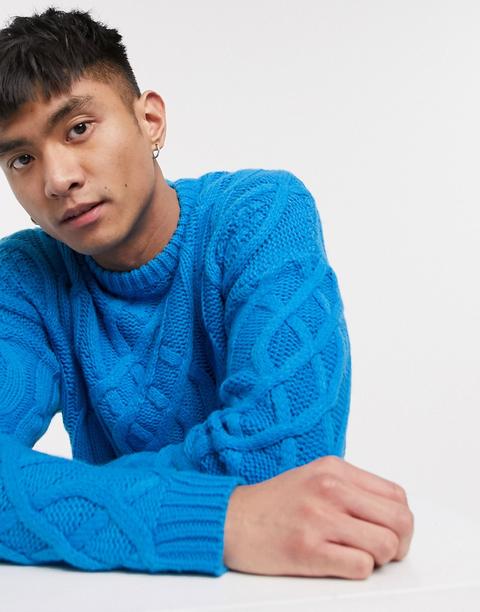 Asos Design Oversized Cable Knit Jumper In Blue-navy