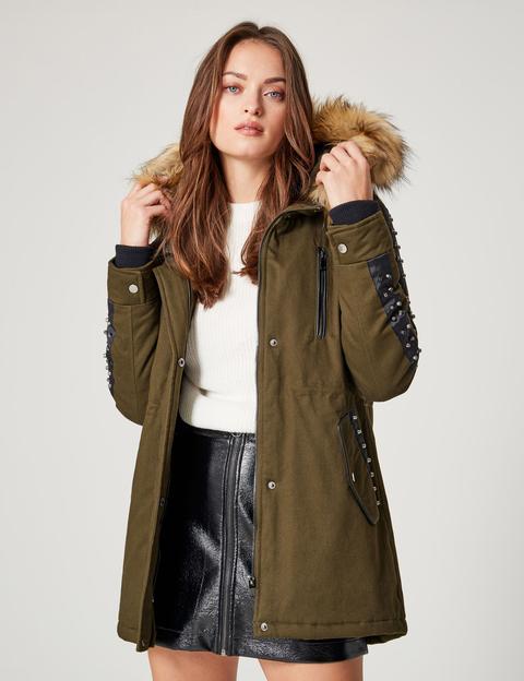 Long Khaki Parka With Stud Detail