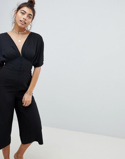 Asos Design - Tea - Tuta Lunga Con Maniche A Kimono E Bottoni - Nero