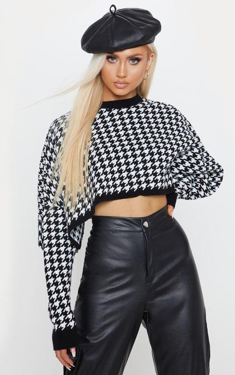 Black Dogtooth Knitted Cropped Jumper