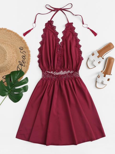 Lace Trim Fringe Halter Dress