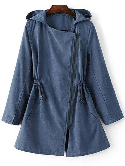 Solid Color Hooded Drawstring Inclined Zipper Coat