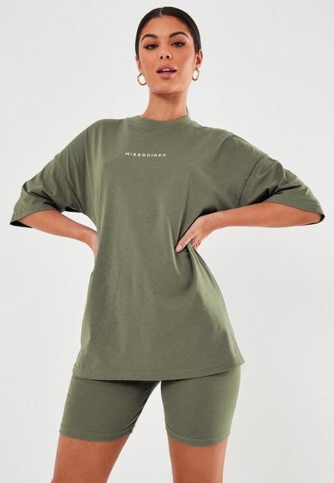 Khaki Missguided Slogan T Shirt And Cycling Shorts Co Ord Set, Kahki