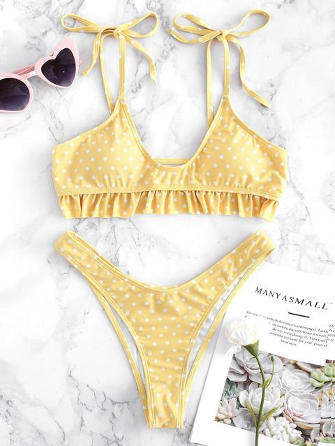 Bikini A Pois Con Volant Con Spalline Annodate Light Coral Yellow