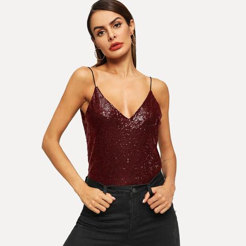 Top Con Bretelle Sottile In Paillettes Con Scollo A V