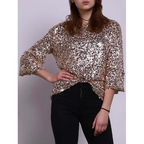 Stylish Jewel Neck Half Sleeve Sequined Loose T-shirt For Women