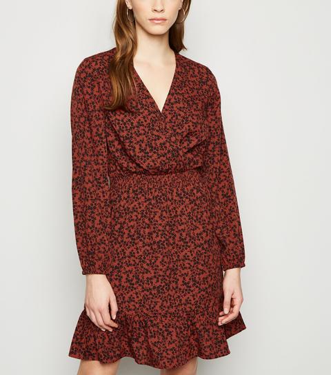 Brown Floral Mini Wrap Dress New Look