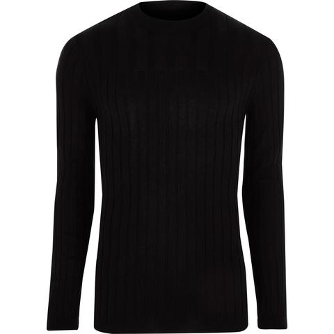 Black Ribbed Muscle Fit Long Sleeve Top