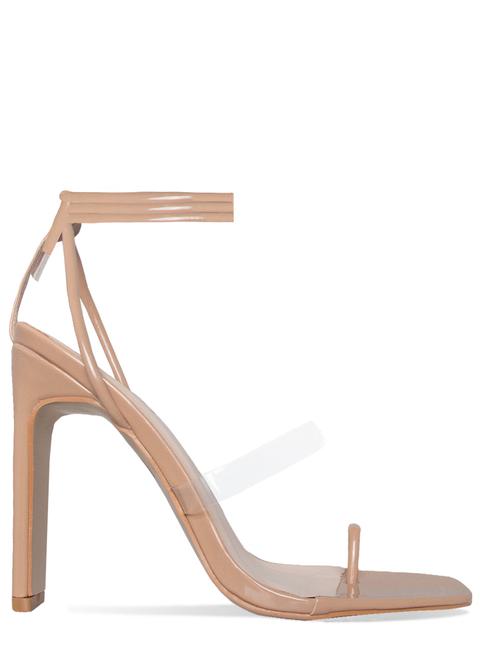 Yanny Nude Toe Loop Lace Up Square Toe Heels