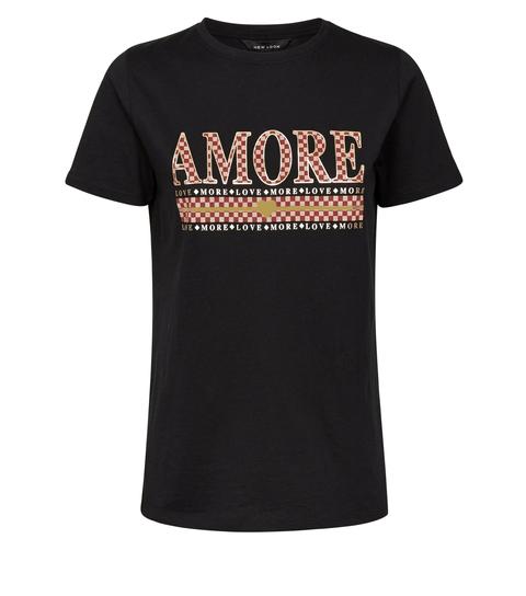 Black Checkerboard Amore Slogan T-shirt New Look