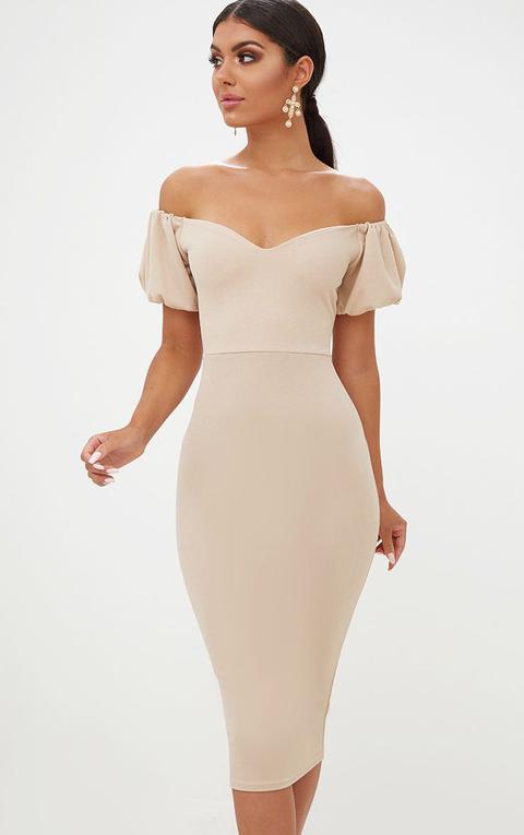 Stone Balloon Sleeve Bardot Midi Dress