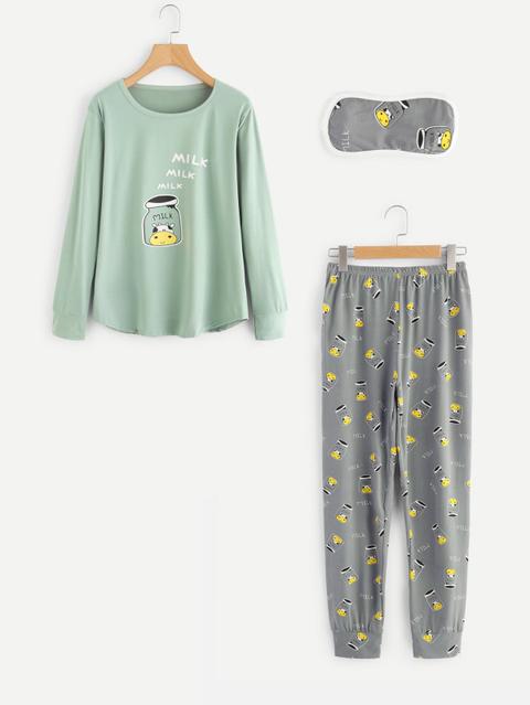 Cow Print Pullover Long Pajama Set With Eyeshade