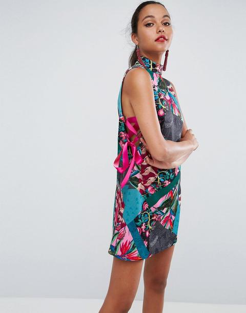 Asos High Neck Printed Mini Dress With Tie Sides - Multi