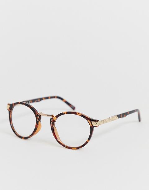 Asos Design Round Fashion Glasses In Tort With Clear Lens-brown