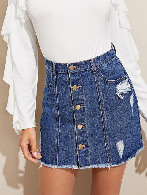 Falda Denim Con Botón Con Diseño Roto