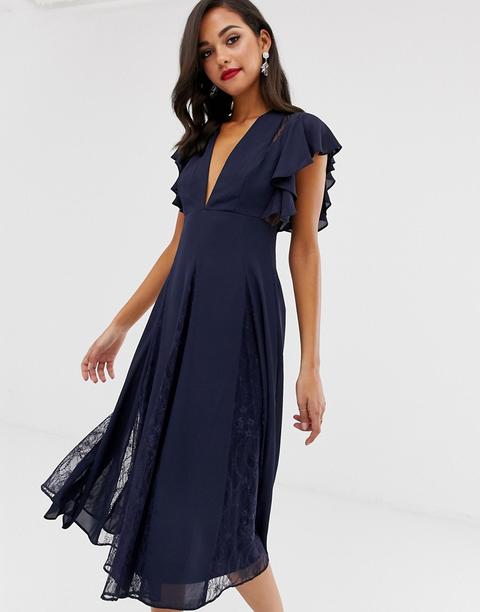 Vestido Midi Con Paneles En Godet Y Encaje De Asos Design-azul Marino